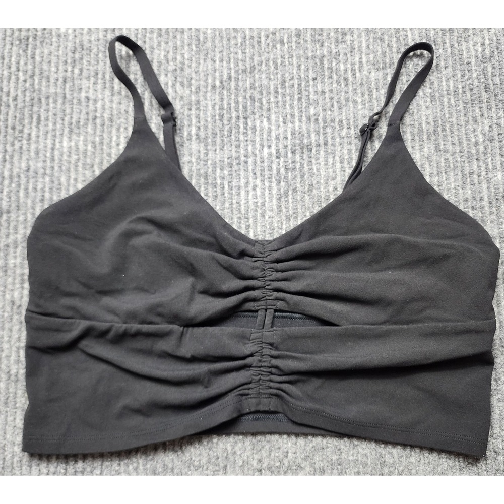 Athleta Elation V-Neck Ruched Crop Top Black Medium Adjustable Straps Cutout